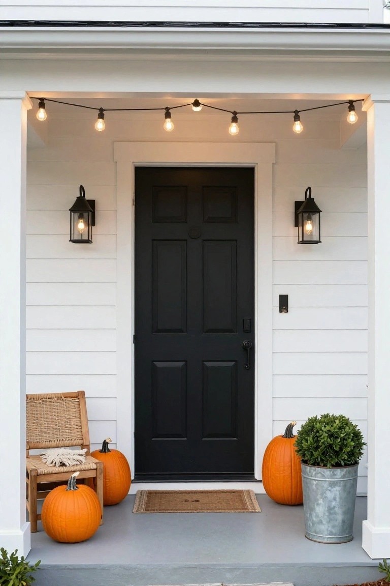 White clapboard house front porch with black paneled door, orange pumpkins on steps and porch, overhead string lights, black lantern wall sconces, wicker chair with throw, seagrass doormat, and metal bucket planter with boxwood.