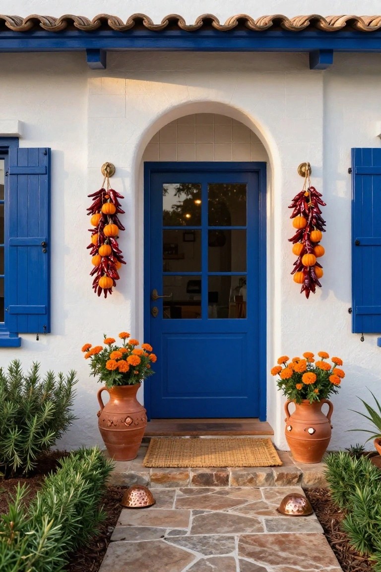 White stucco house facade with arched blue entry door, blue shutters, strings of red chilies and orange pumpkins hanging on both sides, terracotta pots of marigolds flanking the door, rosemary bushes and stone path in front.