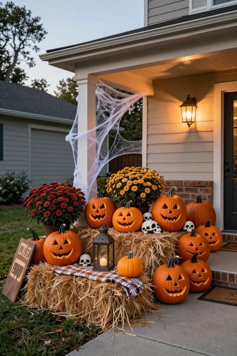 Front porch of a gray house decorated for Halloween with stacked hay bales holding carved orange pumpkins, white skulls, lanterns, fall mums in pots, spider webs on columns, and a wooden sign.