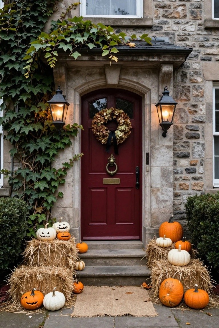Stone house front entrance with red arched door, ivy on walls, black lanterns, fall wreath, hay bales stacked on steps holding orange and white pumpkins, bushes nearby.