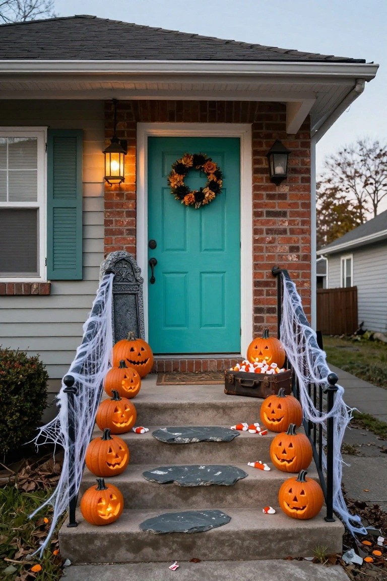 House front entrance with turquoise door flanked by lanterns and wreath, porch steps lined with lit jack-o'-lanterns, cobwebs on railings, vintage suitcase of candy, and scattered candy pieces.