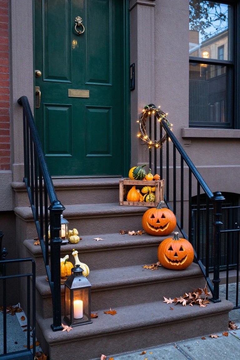 Dark green front door on a brownstone stoop with black railing, decorated for Halloween with orange jack-o'-lanterns on steps, small gourds in a wooden crate, lit lanterns, string lights on a wreath, and scattered fall leaves.
