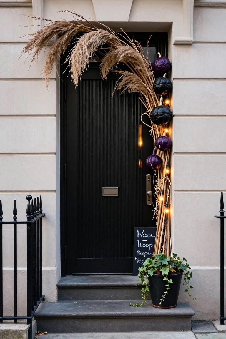 Black paneled front door on a white townhouse facade decorated with tall bundled dried pampas grass, hanging purple and black pumpkins, fairy lights, a chalkboard sign, black wrought-iron railing, and a black pot of ivy on the steps.