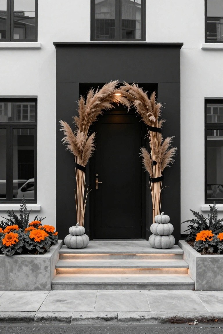 White two-story house exterior with black front door flanked by tall pampas grass arches, white stacked pumpkins to one side, orange flowers in concrete planters, and lit concrete steps leading up.