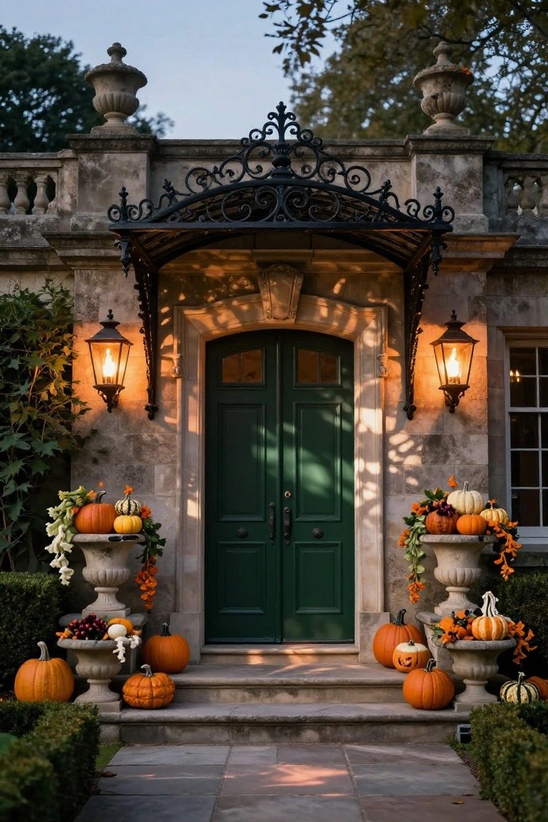 Stone house entrance with arched black metal canopy over a green double door, flanked by lit lanterns and pedestal urns overflowing with orange and white pumpkins, grapes, fall vines, and flowers on steps amid boxwood hedges at dusk.
