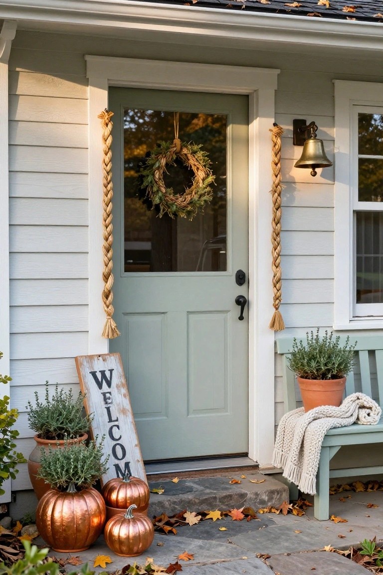 White shingled house with sage green front door flanked by thick braided rope swags and autumn wreath, copper metallic pumpkins, potted plants, welcome sign, and green bench with white throw on stone steps surrounded by fallen leaves.