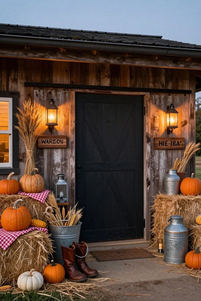 Wooden barn-style shed exterior featuring a central black door flanked by hay bales stacked with pumpkins, wheat stalks, lanterns, milk cans, and cowboy boots in a Halloween display.