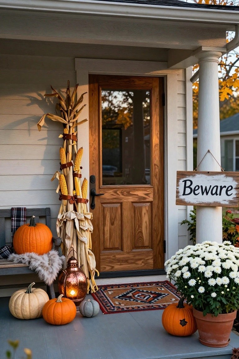 Front porch of a white clapboard house with a wooden door, decorated with tall bundled cornstalks against the wall, scattered pumpkins on the steps and bench, a copper lantern, a 