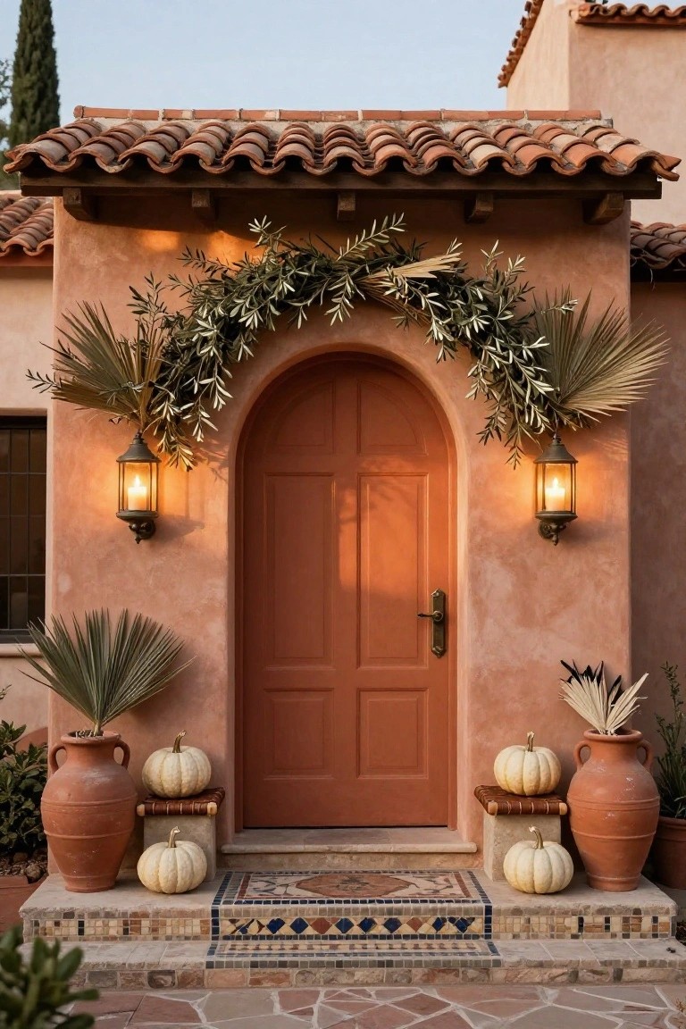 Red arched door on pink stucco house exterior flanked by terracotta pots holding white pumpkins on stools, olive branch garland overhead with palm fronds, candle lanterns on walls, and tiled entry steps.