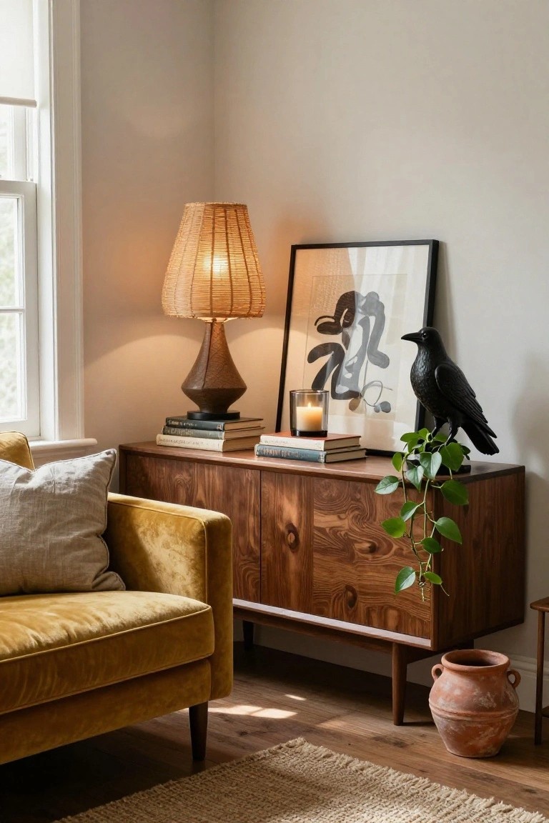 Corner of a living room with mustard yellow velvet sofa, walnut credenza topped with stacked books, lit glass candle, black crow statue, trailing green plant, abstract black ink drawing in black frame on wall, rattan-shade lamp on wood base, and terracotta pot on wood floor.