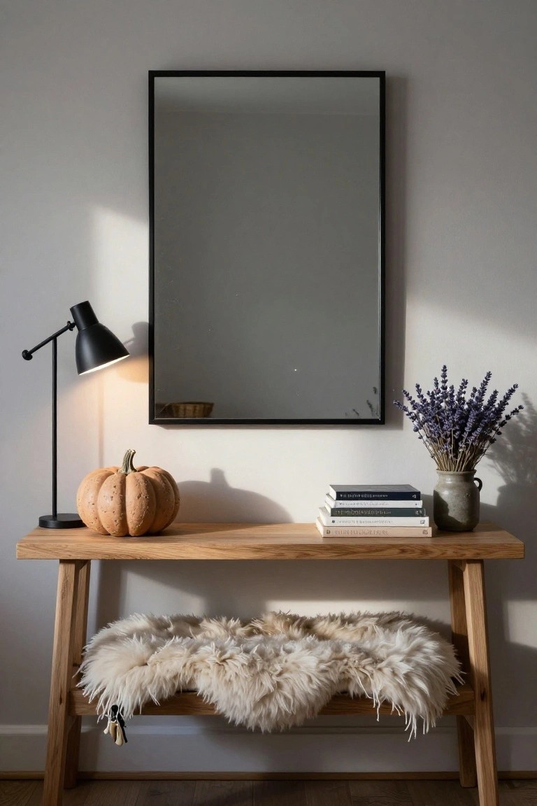 Wooden console table against a light gray wall under a large black-framed mirror, holding a small orange pumpkin, stacked books, gray vase of purple lavender, black desk lamp, with white sheepskin draped on the lower shelf.