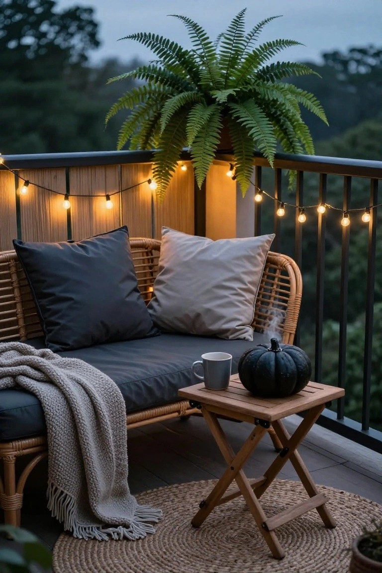 Balcony corner with rattan loveseat in dark cushions and light pillows, knitted gray throw, wooden side table holding white mug and black pumpkin, string lights on black railing, large fern plant nearby, wooded view at dusk
