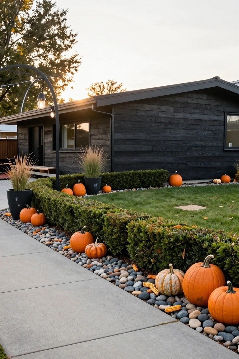 Modern black wood-sided house exterior with orange pumpkins clustered along a green hedge border, pebble-lined walkway, tall ornamental grasses, and string lights at sunset.