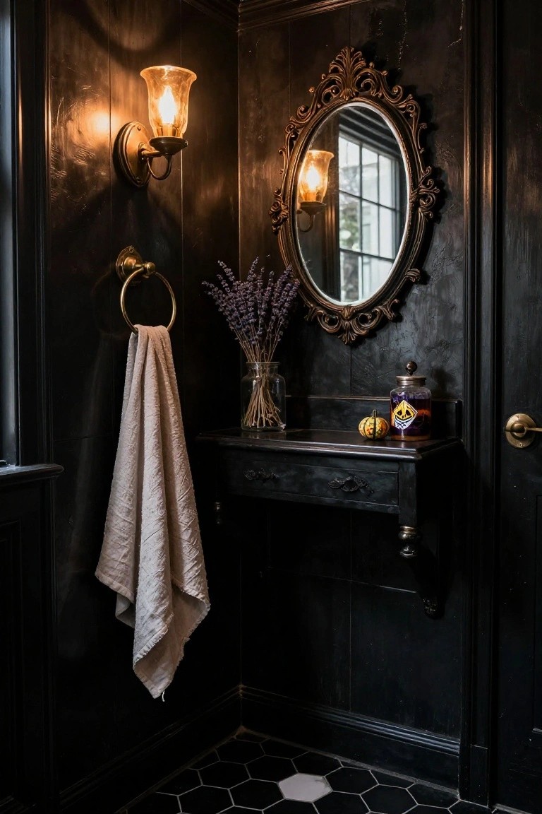 A small dark-paneled powder room corner with black hexagonal floor tiles, a brass towel ring holding a white towel, an ornate gold mirror above a black console table holding dried lavender, a purple jar, and small pumpkins, lit by wall sconces.