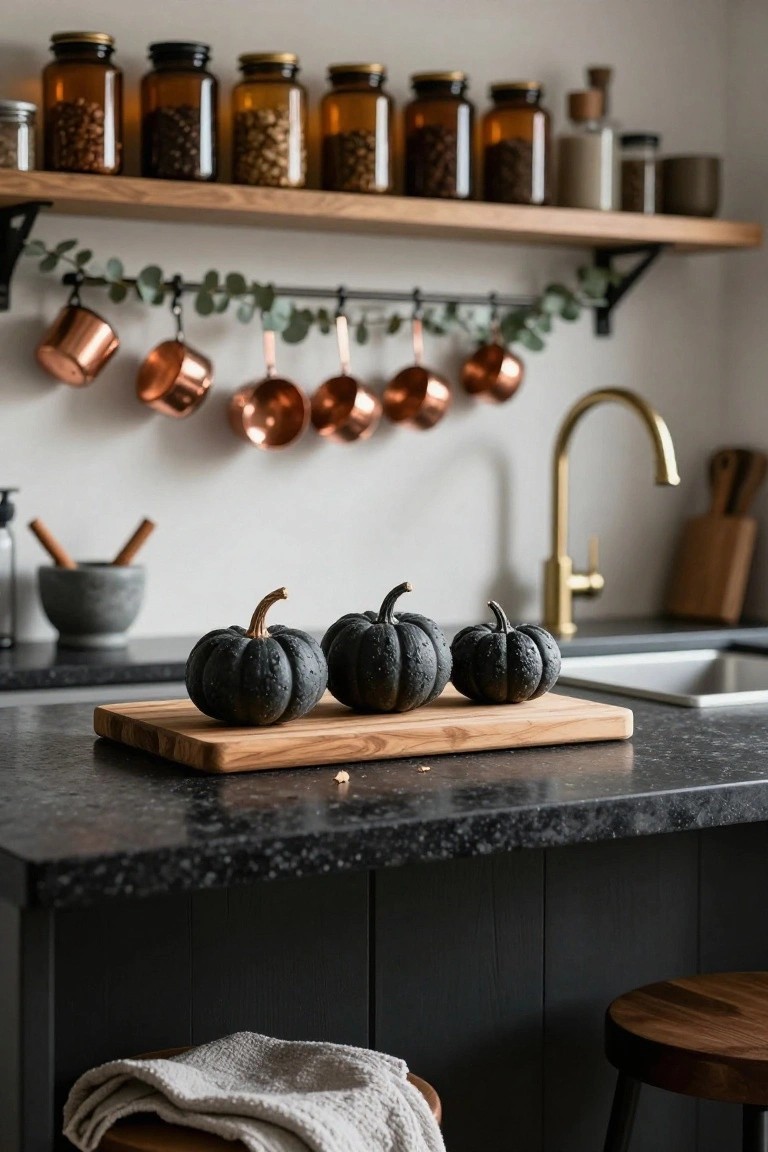 Three small black pumpkins on a wooden cutting board atop a dark granite kitchen counter, with copper pots hanging nearby, spice jars on wooden shelves above, and a gold faucet by the sink.