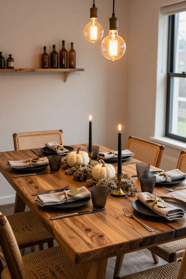Wooden dining table in a light room set with black plates, gray glasses, linen napkins tied with twine and leaves, small white pumpkins, dried grasses, black taper candles in gold holders, rattan chairs, wooden shelves holding brown bottles, and warm pendant lights over a large window.