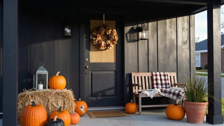 23 Effortless Halloween Decor Ideas for Easy Spooky Style Dark gray house front porch with black door covered in seagrass mat and dried flower wreath, lit metal lanterns on walls, pampas grass in lanterns and pots, hay bales stacked with orange black and white pumpkins, plaid blanket on wooden chair.