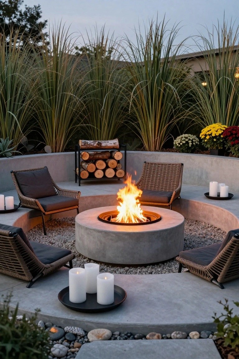 Circular concrete fire pit with orange flames in the center of a curved gray seating area, surrounded by rattan chairs with dark cushions, white pillar candles on black saucers, a wood rack nearby, tall ornamental grasses, and gravel ground cover.
