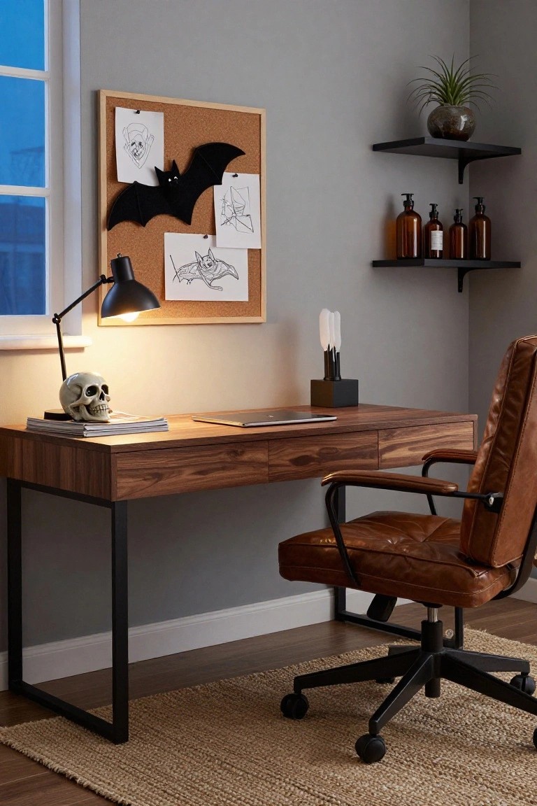 Corner of a home office with walnut desk, tan leather chair, black desk lamp with white skull base, corkboard featuring Halloween bat and monster drawings, shelves with plants and bottles, and beige rug on wood floor.