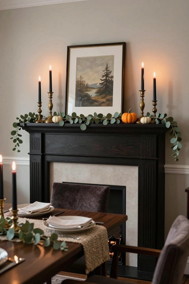 Dark wood fireplace mantel decorated with trailing eucalyptus garland, small orange and white pumpkins, black taper candles in brass candelabras flanking a framed landscape painting, and a nearby wood dining table with placemats, plates, and similar garland.