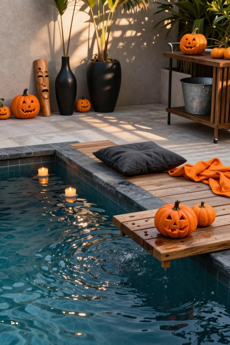 Outdoor infinity-edge pool with floating candles in teal water, carved pumpkins on wooden dock and serving cart, black vases, potted plants, tiki mask, and orange cloth nearby.