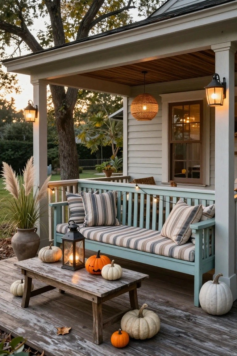 Porch of a light gray house with turquoise wooden bench piled with striped cushions, rustic low table holding white pumpkins and black lantern, potted pampas grass nearby, string lights, hanging lanterns, and large tree in evening light.