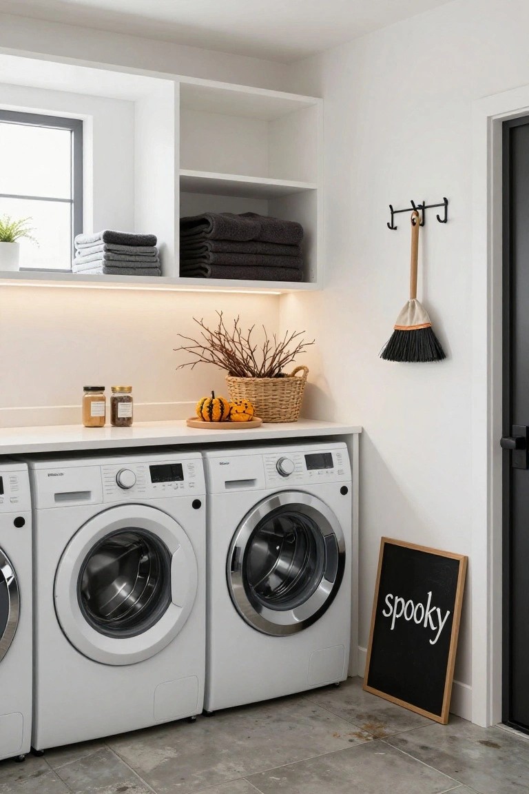 White laundry room with two front-loading washing machines, open shelves holding folded gray towels, countertop with small pumpkins and jars, woven basket of branches, hanging broom, and framed black chalkboard sign reading