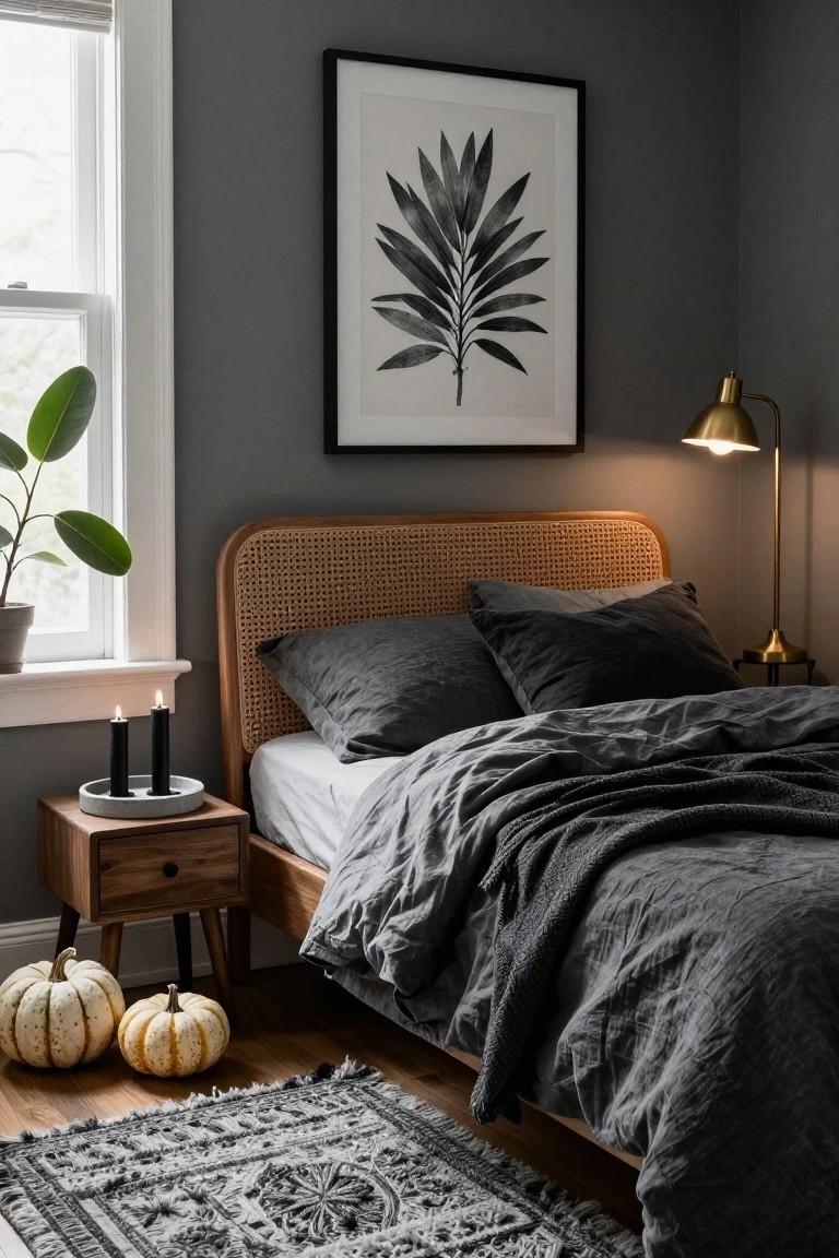 Gray-walled bedroom with rattan headboard bed draped in gray linens, wooden nightstand holding black taper candles in a concrete tray and two small white pumpkins, brass lamp nearby, potted plant by window.