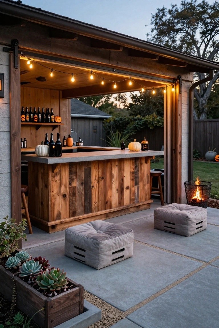 Open garage structure with wooden bar counter, shelves holding wine bottles and Halloween pumpkins, overhead string lights, bar stools, pouf seating, plants, and fire basket in backyard patio area.
