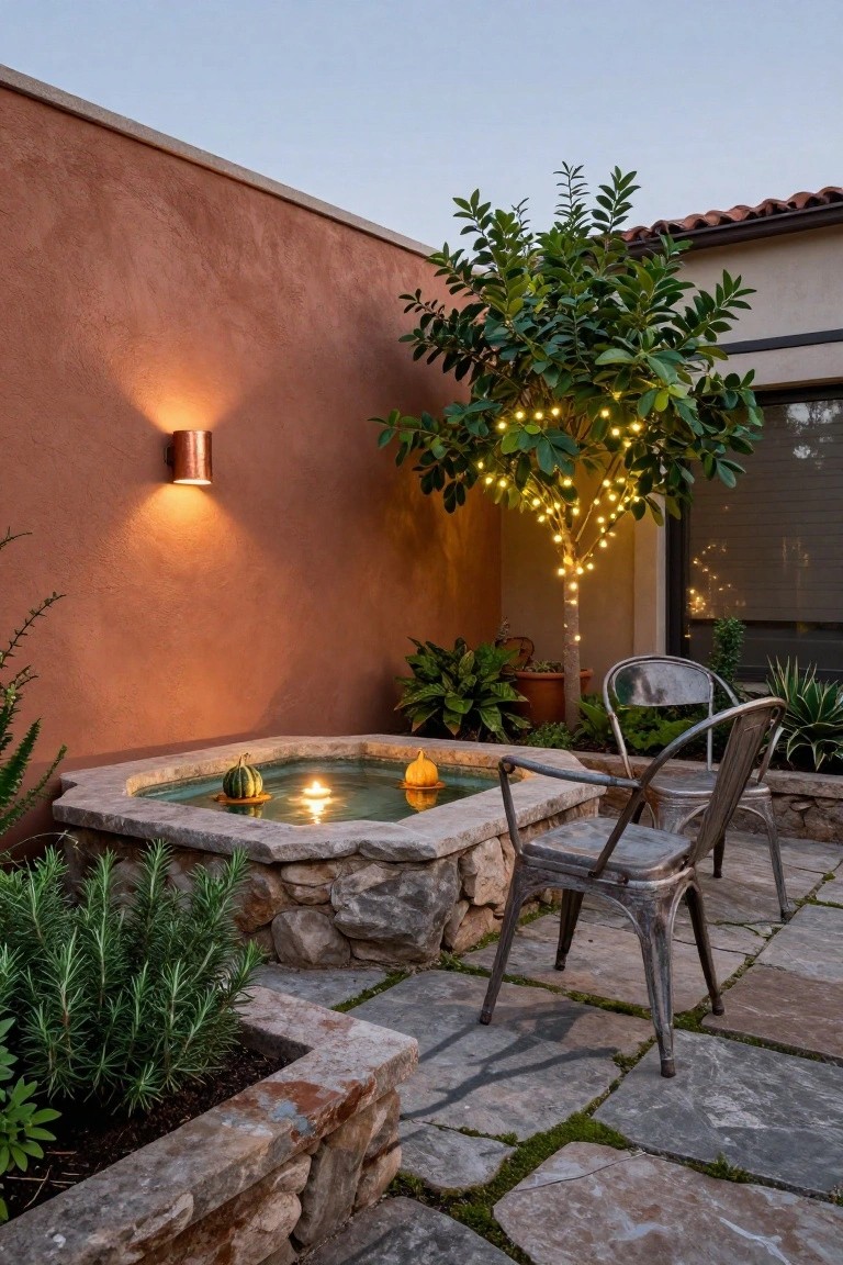 Outdoor patio corner with square stone fountain holding floating pumpkins and lit candle in water, string lights on potted tree, metal chairs, rosemary plants, and adobe walls at dusk.