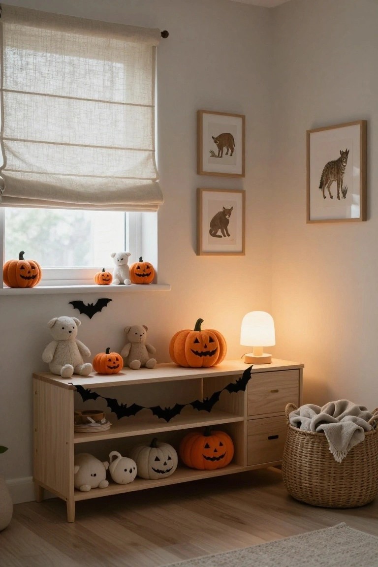 Corner of a light neutral-toned children's room featuring wooden open shelves with stuffed white bears and koalas, small orange jack-o-lanterns, bat garlands, and plush toys near a window with mini pumpkins on the sill.
