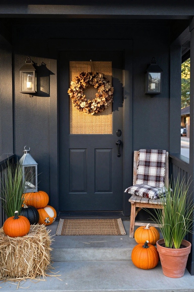 Dark gray house front porch with black door covered in seagrass mat and dried flower wreath, lit metal lanterns on walls, pampas grass in lanterns and pots, hay bales stacked with orange black and white pumpkins, plaid blanket on wooden chair.