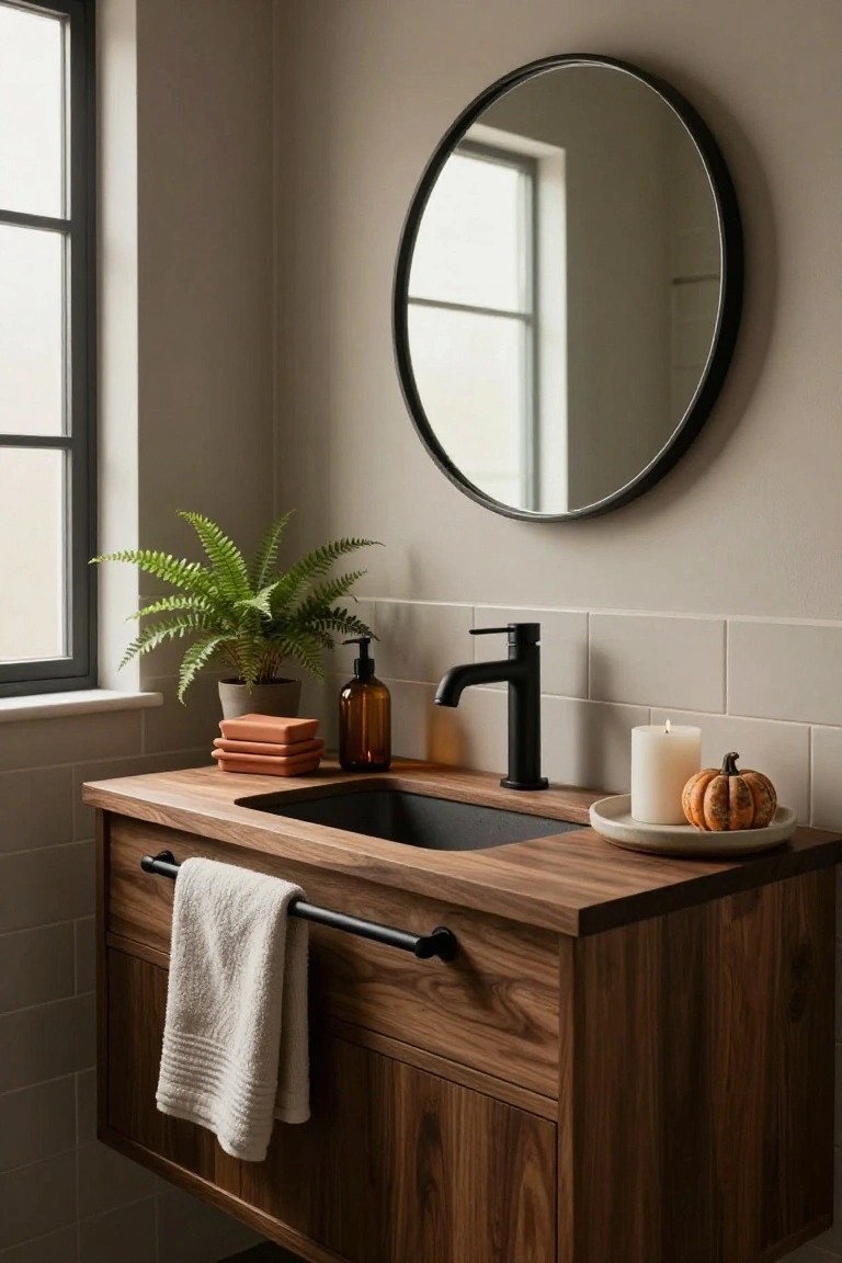Bathroom vanity with dark wood cabinet, black undermount sink, black faucet, round black-framed mirror, fern plant in gray pot, amber glass bottles, stacked orange soap bars, white candle with small pumpkin on white plate, folded white towel on black bar, beige subway tiles, and window with black frame.