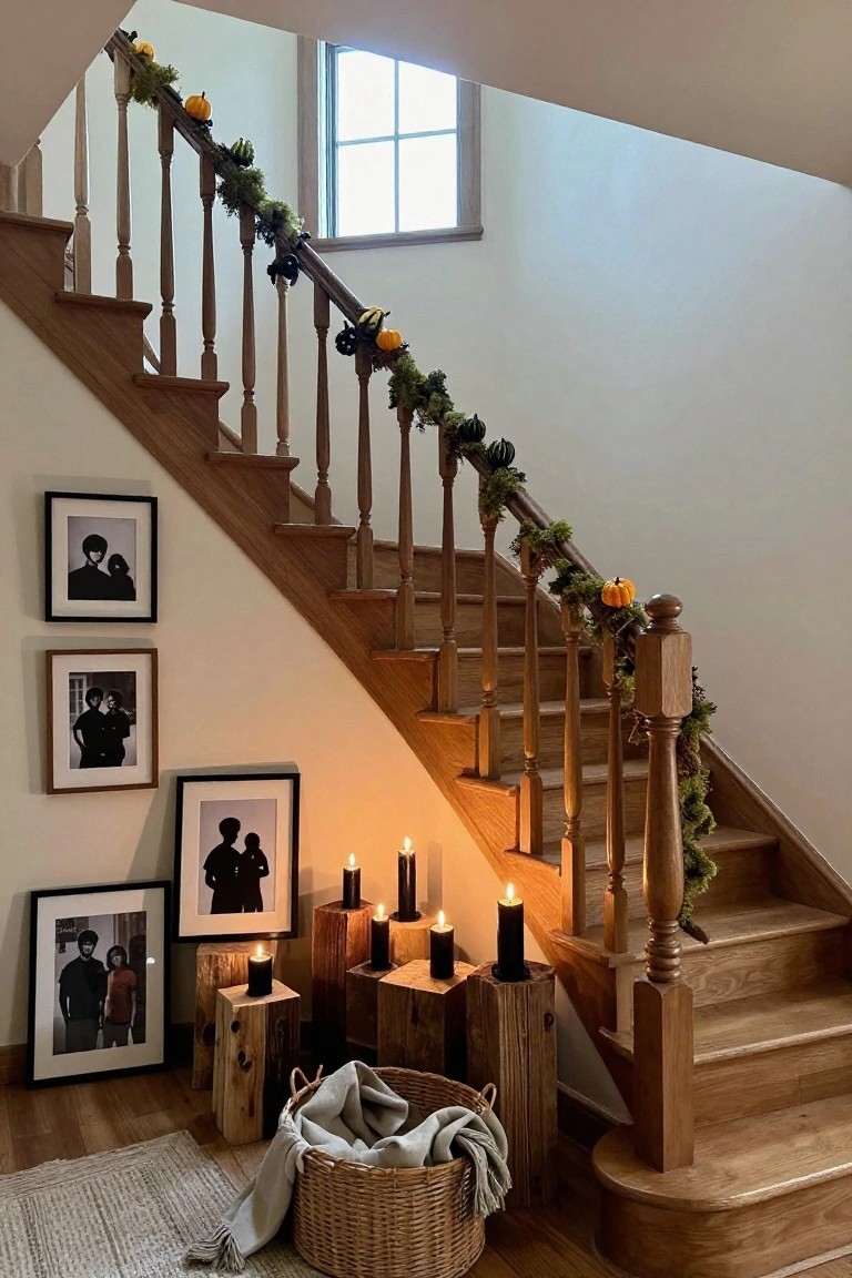 Wooden interior staircase with railing draped in green garland holding small orange pumpkins and black spiders, black pillar candles on tree stump bases at the bottom, framed black-and-white silhouette photos on the wall, a basket with beige throw on the floor.