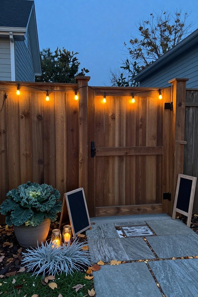 Wooden backyard gate framed by a fence strung with warm bulb lights at dusk, with potted kale plants, chalkboard signs, mason jar candles, and a stone pathway leading up to it.