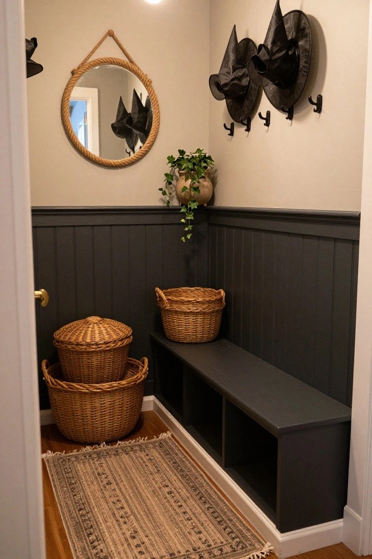 Small indoor mudroom nook with dark wainscoted walls, built-in black bench and shelves holding stacked wicker baskets, three black witch hats hanging on wall hooks, round rope mirror, ivy plant in pumpkin pot, and woven rug on wood floor.