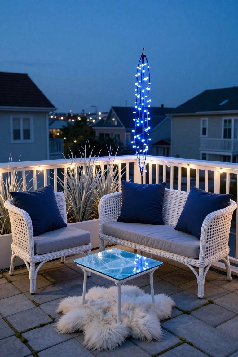 Balcony deck at dusk featuring two white wicker chairs with blue cushions, a loveseat, glass table, white rug, potted grasses, blue string lights on railings, umbrella, and table, with houses and lights in the background.