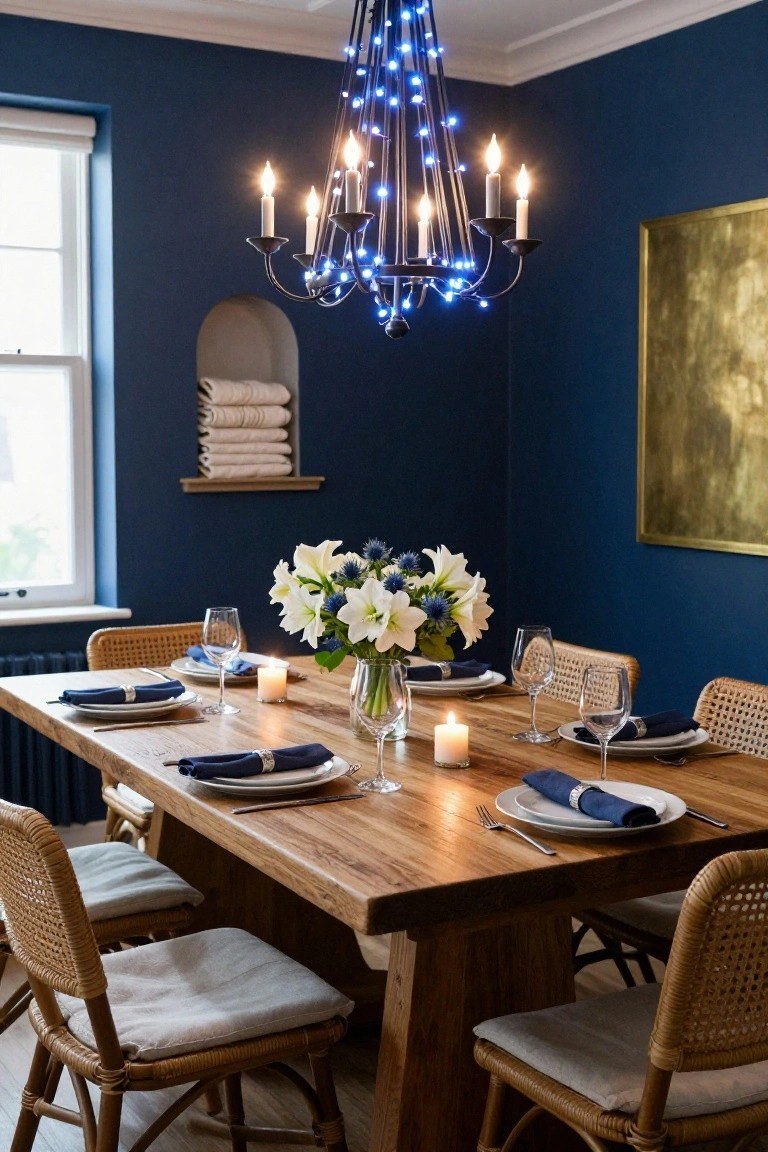 Navy blue dining room with wooden table set for six using blue napkins, white plates, wine glasses, and central white flower arrangement, rattan chairs with white cushions, and black metal chandelier wrapped in blue LED string lights with candles.