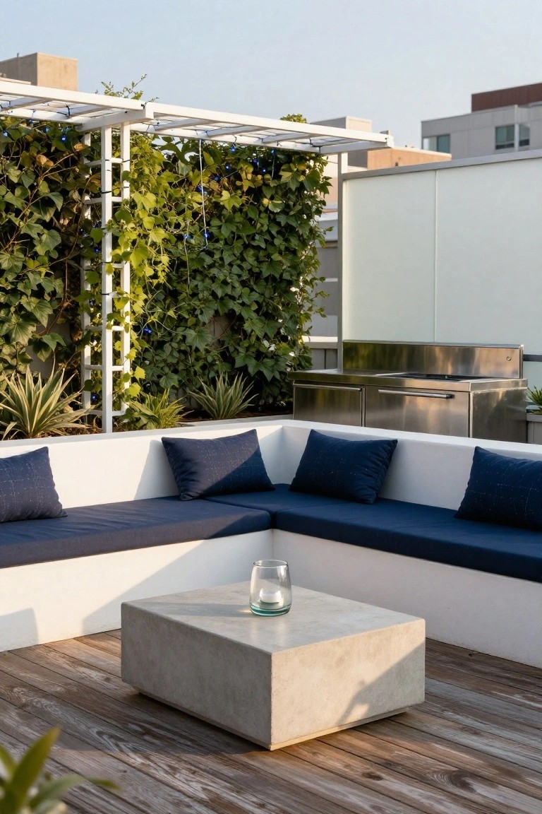 Rooftop terrace with vine-covered white pergola strung with blue fairy lights, L-shaped white sofa with navy blue cushions and pillows, concrete cube table holding a glass, stainless steel barbecue counter, agave plants, and wooden deck under blue sky.