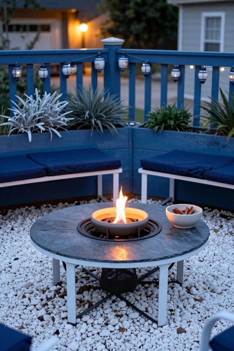 Blue wooden balcony deck with built-in benches around a round slate fire pit table on white pebble ground, illuminated by string lights with blue lanterns draped along the railing at dusk.