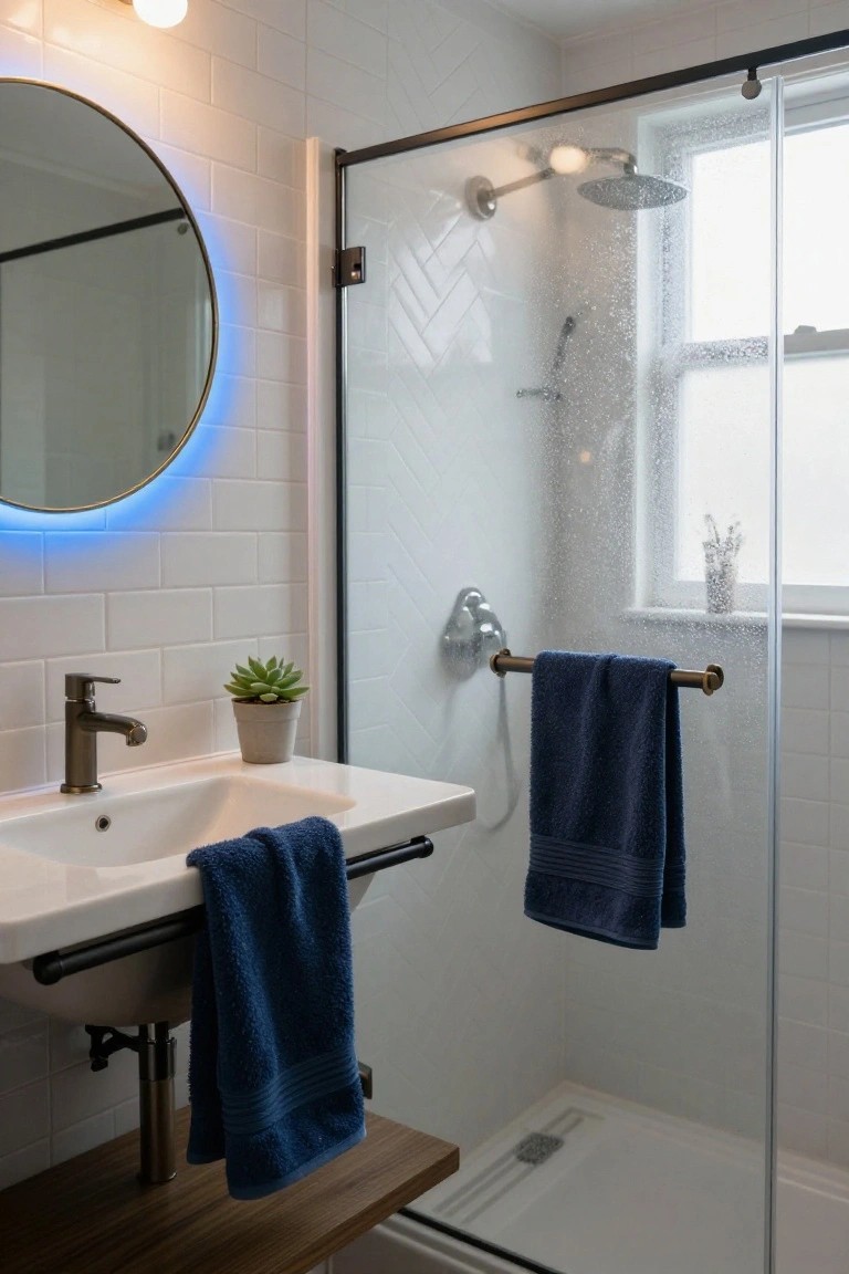 Modern white-tiled bathroom featuring a round mirror with blue LED backlight, bronze faucet and sink, blue towels on sink bar and shower rail, glass shower enclosure with running water and window, potted succulent on shelf.