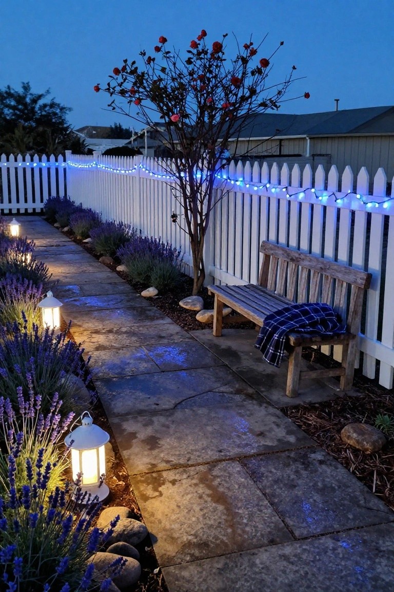 White picket fence strung with blue string lights borders a stone garden path lined with lavender plants and rocks, with a wooden bench draped in a plaid blanket, lanterns along the path, and a tree with red roses nearby at dusk.