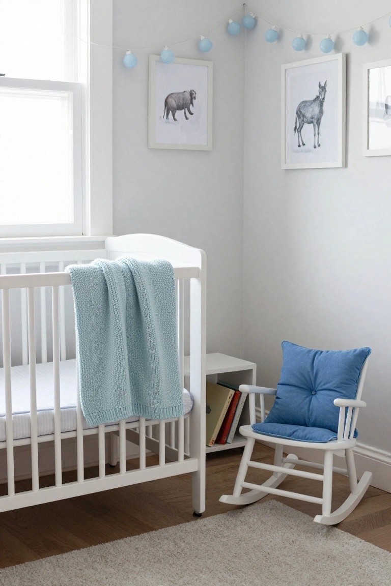 White crib with teal knit blanket in a light gray nursery corner, blue-cushioned rocking chair nearby, books on a low shelf, animal prints on walls, and blue bulb string lights garlanded along walls and window.