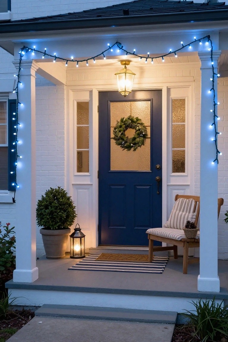 White brick house front porch with navy blue door, evergreen wreath, blue string lights draped on columns and eaves, potted boxwood, lantern, striped chair, and welcome mat.