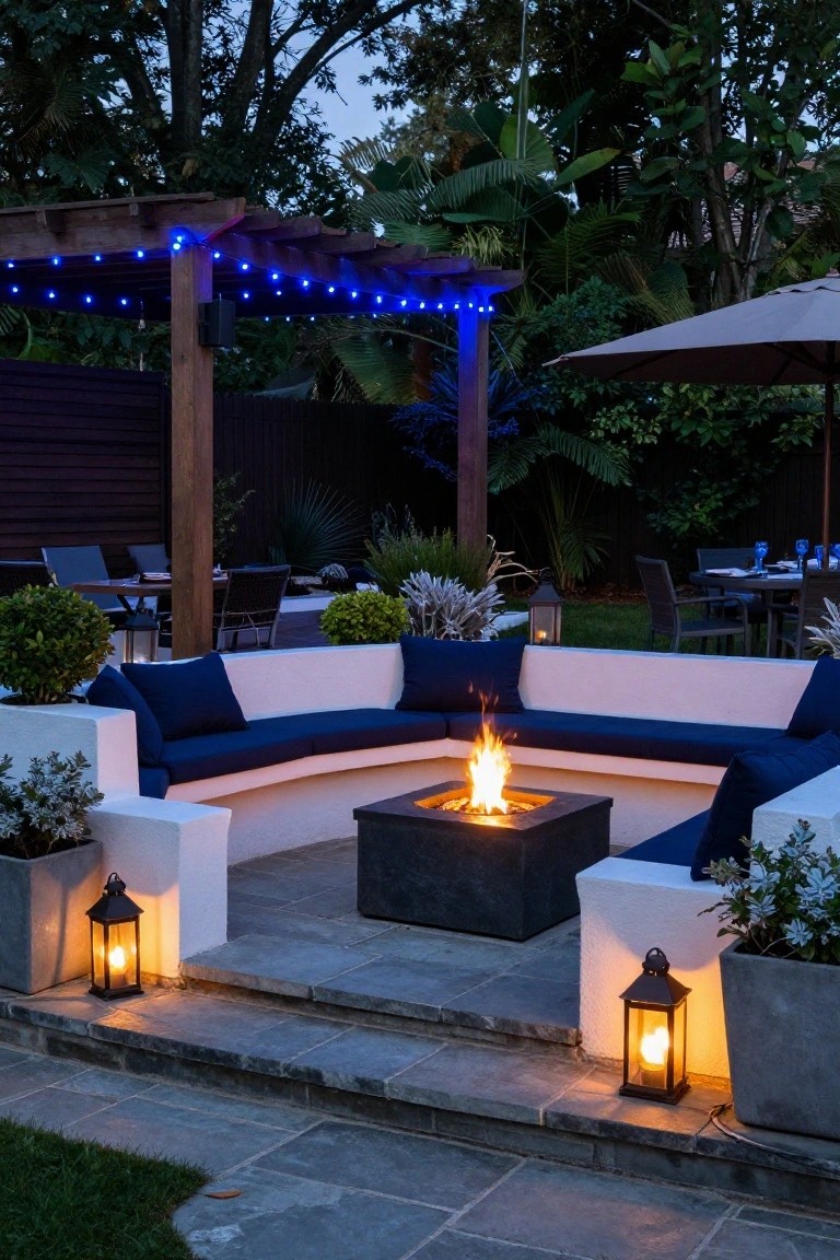 Outdoor evening patio with curved white benches and blue cushions around a square black fire pit, blue string lights under a wooden pergola, potted plants, lanterns, and nearby dining table.