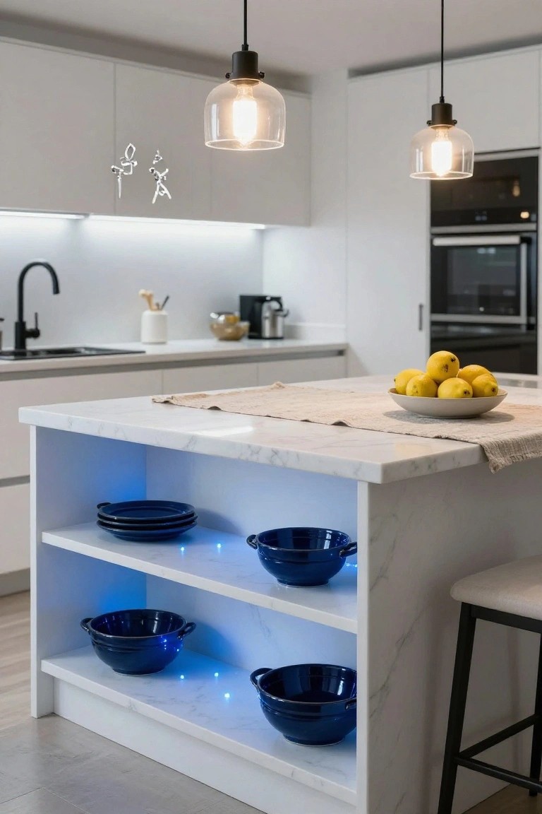 White kitchen island with marble countertop and open lower shelves displaying blue bowls and plates lit from below with blue LED lights, blue plates stacked above, yellow lemons in bowl on top, pendant lights hanging above.