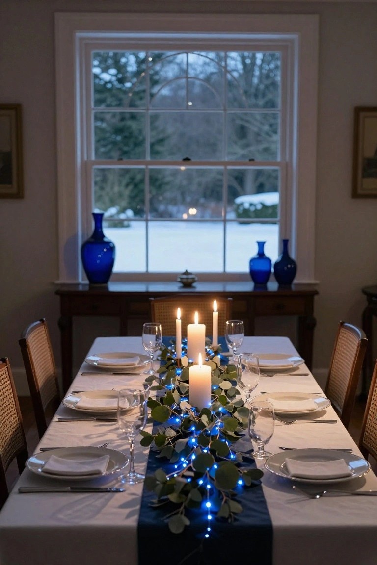Dining room table set for a meal on a white tablecloth with navy runner, eucalyptus garland strung with blue fairy lights, white pillar candles, plates, napkins, wine glasses, and chairs, with blue vases and snowy view through window.