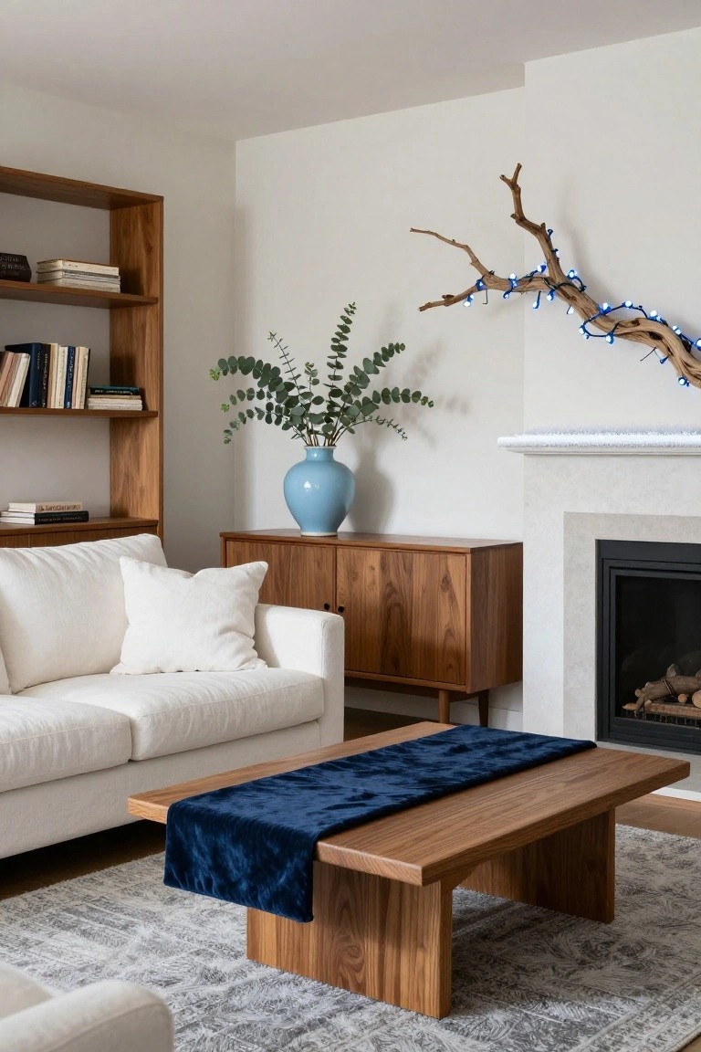 Modern living room interior with white sofa, wooden coffee table draped in blue velvet runner, walnut bookshelves and credenza, blue ceramic vase holding eucalyptus branches, and a wall-mounted driftwood branch strung with blue fairy lights above a fireplace.