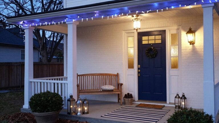 23 Elegant Blue and White Christmas Light Ideas That Feel Icy and Sophisticated White brick house front porch with navy blue door, evergreen wreath, blue string lights draped on columns and eaves, potted boxwood, lantern, striped chair, and welcome mat.