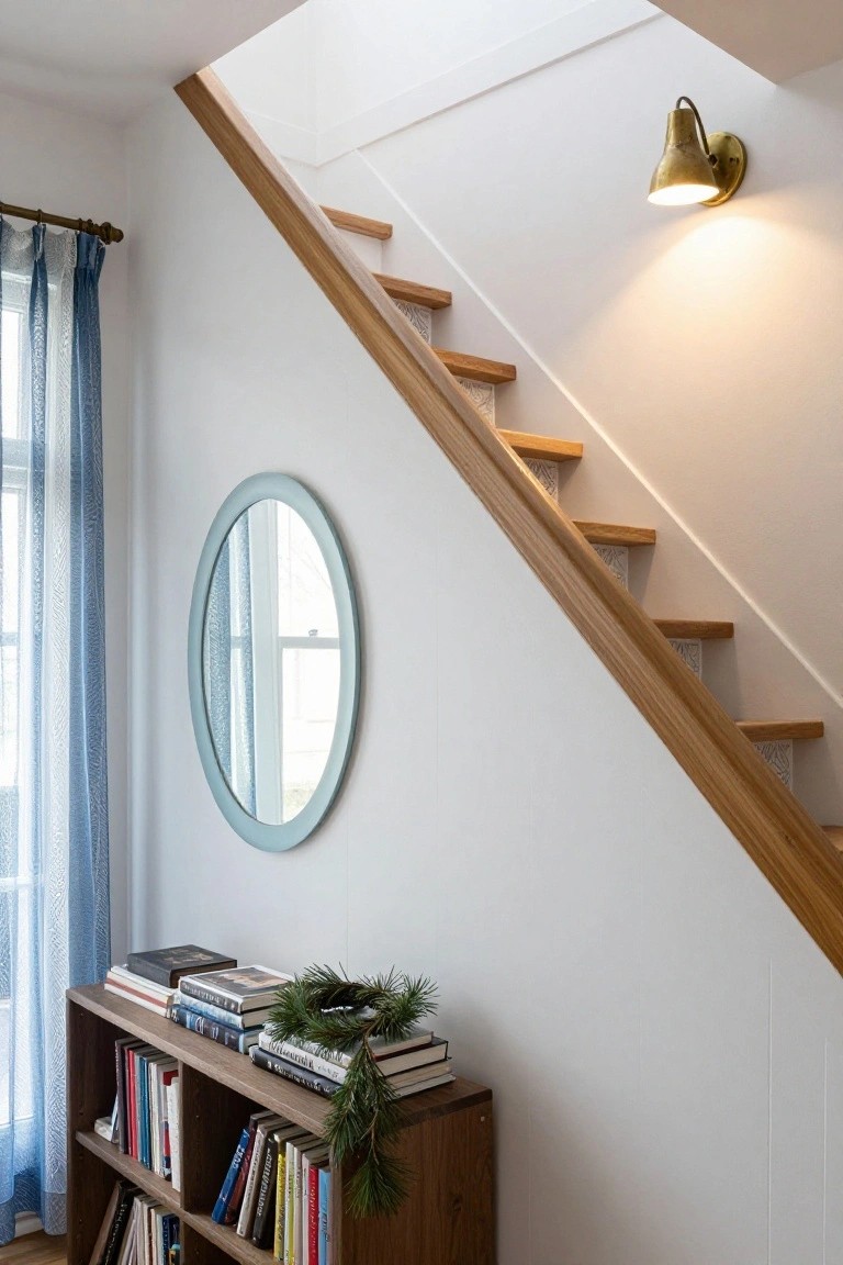 White-walled interior stairwell with oak treads and risers, blue curtains on window, light blue oval mirror on wall, wooden bookshelf holding books and topped with evergreen garland and wreath, brass wall sconce turned on.